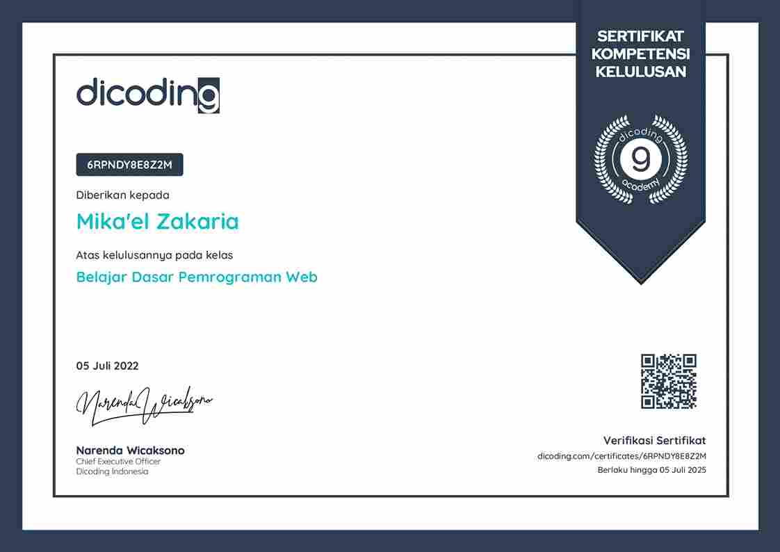 Web Programming Basics Certificate from Dicoding
