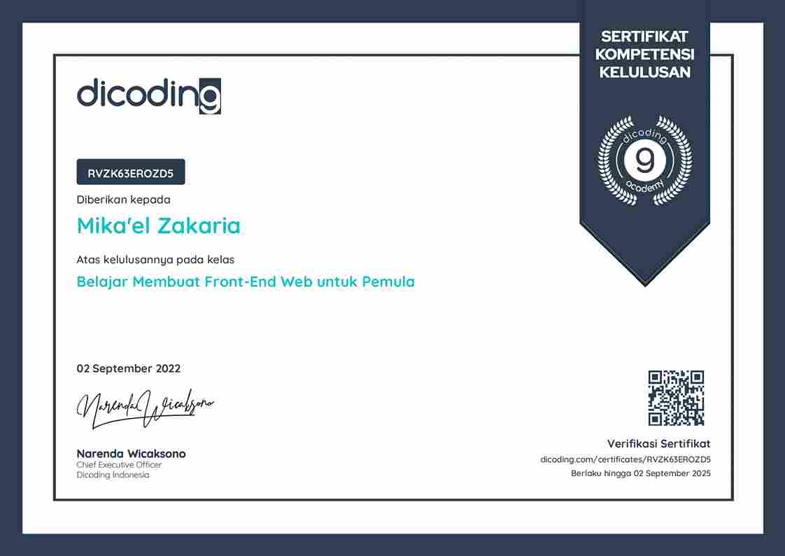 Dicoding Web Front-End for Beginners Certificate - Mikael Zakaria