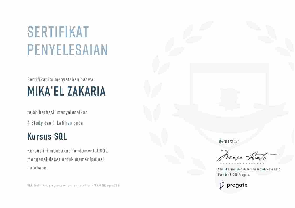 Progate SQL Course Certificate